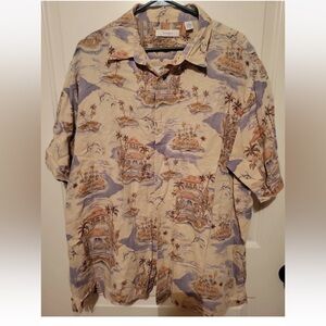 VINTAGE Turnbury Shirt PALM TREE AND BUILDINGS Fabric Short Sleeve Button. Men's